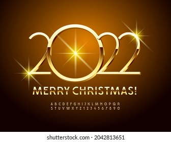 Vetor chic cartão de saudação Feliz Natal 2022! Letras e Números Slim Gold Alphabet definidos. Fonte 3D elegante