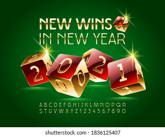 Vector chic greeting card New Wins in New Year 2021 with casino dices. Elite shiny Font. Gold Alphabet Letters and Numbers set