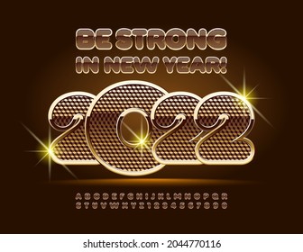 Vector elegante tarjeta de felicitación que desea ser fuerte en Año Nuevo 2022! Fuente de patrón dorado. Juego de letras y números de élite negrita