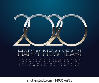 Vector chic Happy New Year 2020 Greeting Card. Luxury glossy Alphabet set of Letters, Symbols and Numbers. Slim Silver Font.