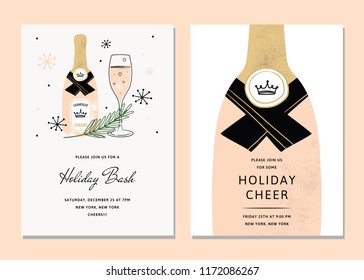 Vector Chic Holiday Cards. Holiday Party Card Template bundle. Holiday Bash Templates Design. Christmas Party card featuring drinks and champagne bottle.