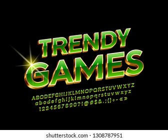 Vector chic icon Trendy Games with Luxury Font. 3D Green and Golden Alphabet Letters, Numbers and Symbols