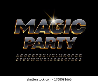 Vector Chic Invitation Magic Party. 3D Black And Gold Font. Mystery
Shiny Alphabet Letter And Numbers