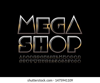 Vector chic label Mega Shop. Creative Uppercase Font. Black and Golden Alphabet Letters and Numbers