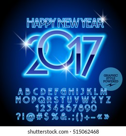Vector chic light blue Happy New Year 2017 greeting card with set of letters, symbols and numbers. File contains graphic styles