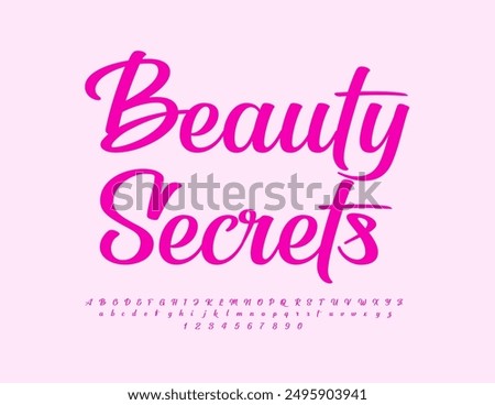 Vector chic logo Beauty Secrets. Glamour Pink Font. Elegant stylish Alphabet Letters and Numbers set