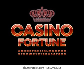 Vector chic Logo Casino Fortune. Luxury Gold and Red 3D Font. Stylish Alphabet Letters and Numbers.