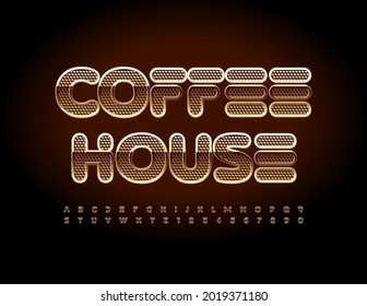 Vector chic logo Coffee House. Gold and Brown Decorative Font. Shiny Alphabet Letters and Numbers set