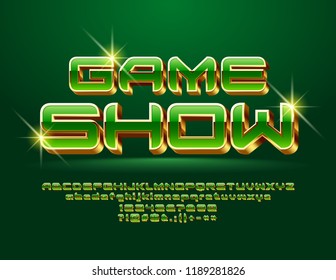 Vector Chic Logo Game Show. Green And Golden Alphabet Letters, Numbers And Symbols. Luxury 3D Font.