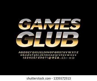 Vector chic Logo Games Club. Luxury Golden Alphabet Letters, Numbers and Punctuation Symbols. Stylish glossy Font.