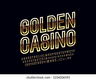 Goldenes Casino mit Vektorgrafik-Logo. Rotierter heller Schriftzug. Glossy Alphabet Letters, Numbers und Symbole.