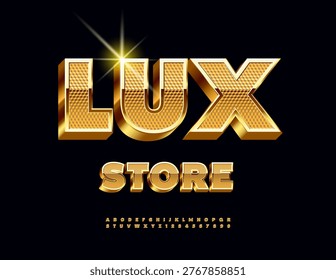 Vector Chic logo Luxe Shop. Luxury Gold 3D Font. Unique Upscale Alphabet Letters and Numbers set.