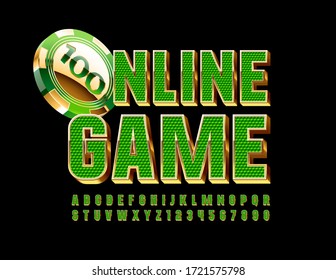 Vector chic logo Online Game with Casino Chip. Golden and Green Alphabet Letters and Numbers. 3D elite Font