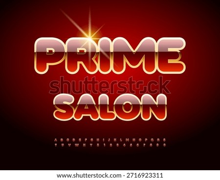 Vector Chic logo Prime Salon. Glamorous Digital Font. Glossy Red and Golden Alphabet Letters and Numbers set