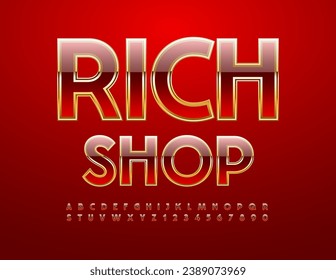 Rich Shop, logotipo de Vector elegante. Fuente de lujo roja y dorada. Se han establecido las letras y números de moda de los alfabetos. 