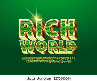 Vector chic Logo Rich World. Luxury Green and Golden Alphabet Letters, Numbers and Symbols. Royal 3D Font.