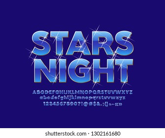 Vector chic logo Stars Night with sparkling Font. Blue and Golden chic Alphabet Letters, Numbers and Symbols