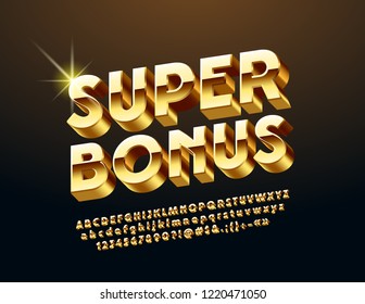 Vector chic Logo Super Bonus. Rotated exclusive Alphabet Letters, Numbers and Symbols. Golden 3D Font.