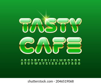 Vector chic logo Tasty Cade. Abstract style Font. Green and Gold Alphabet Letters and Numbers set