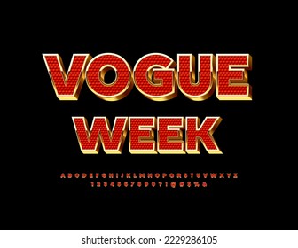 Logo de Vector chic Vogue Week. Color rojo y Golden con estilo Font. Elegantes letras y números de alfabeto 3D