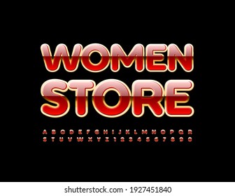 Marca vectorial elegante Tienda femenina. Color rojo brillante y fuente dorada. Conjunto de letras y números de élite