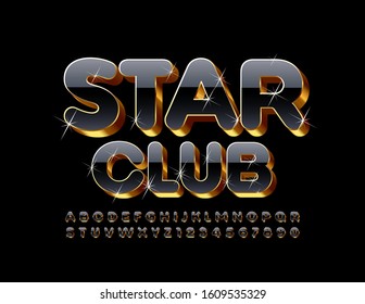 Logotipo Vector Chic Star Club. Fuente 3D de lujo con Glitter Star. Letras y números elegantes de alfabeto negro y dorado. 