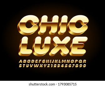 Vector Chic Luxe Gold Font. 3D elite Alphabet. Glossy premium Letters and Numbers set