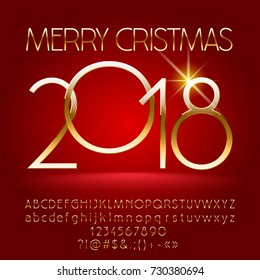 Vector chic Merry Christmas 2018 greeting card with Alphabet set of Letters, Symbols and Numbers. Golden Font contains Graphic Style