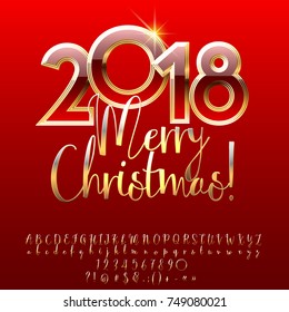 Vector chic Merry Christmas 2018 greeting card with Golden Alphabet set of Letters, Symbols and Numbers.