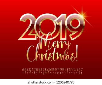 Vector chic Merry Christmas 2019 Greeting card with Golden Alphabet. Stylish Calligraphic Font.