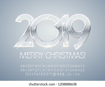 Vector chic Merry Christmas 2019 Greeting Card. Silver set of Alphabet Letters, Numbers and Symbols. Stylish Elegant Font.