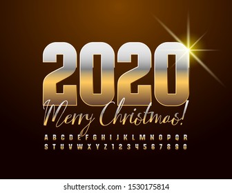 Vector chic Merry Christmas 2020 greeting card. Modern Alphabet Letter and Numbers. Golden Uppercase Font