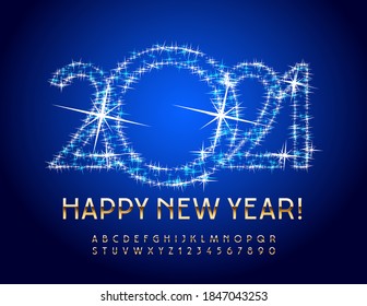 Tarjeta de felicitación Vector chic Merry Christmas 2021 con Stars. Elegante y brillante fuente. Letras y números de alfabeto premium de oro