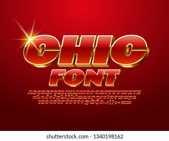 Vector Chic Red And Gold Font. Glossy Alphabet Letters, Numbers And Symbols.