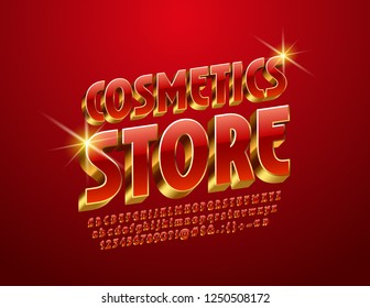 Vector chic Red and Golden Sign Cosmetic Shop. Stylish 3D Font. Glamour Alphabet Letters, Numbers and Symbols.