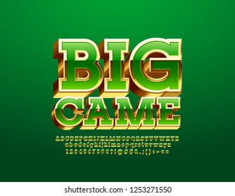 Vector Chic Sign Big Game. Bright Green And Golden Alphabet Letters, Numbers And Symbols. Stylish 3D Font.