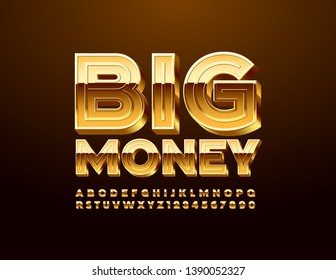 Vector Chic Sign Big Money With 3D Golden Font. Luxury Uppercase Alphabet Letters And Numbers