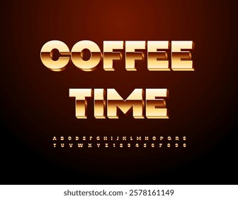 Vector Chic sign Coffee Time. Exclusive Gold 3D Font. Fashion Alphabet Letters and Numbers set.