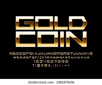 Vektorschick-Schild Gold Coin. Glossy-Luxus-Schriftart. Alphabet-Alphabet-Buchstaben, Zahlen und Symbole im exklusiven Quadrat