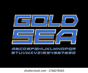 Signo vectorial elegante Mar de oro con fuente tecno azul. Letras y números de alfabeto de lujo