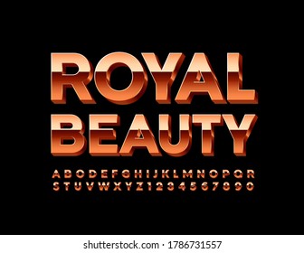 Vector chic sign Royal Beauty. Gold Font for Shop, Hotel, Event. Elite Shiny Alphabet Letters and Numbers