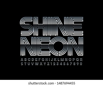 Signo vectorial chic Brilla Neón con fuente plateada. Letras y números de alfabeto elegantes.