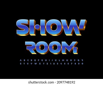 Vector chic Sign Showroom. Luxury Blue and Golden Font. Artistic Alphabet Letters and Numbers set