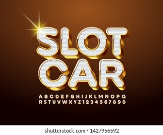 Vector chic sign Slot Car with Uppercase 3D Font. Chic Gold and White Alphabet Letters and Numbers