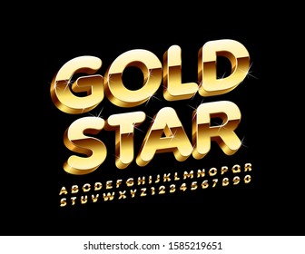 Vector chic Sign with text Gold Star.  Stylish Bright 3D Font. Luxury Alphabet Letters and Numbers.