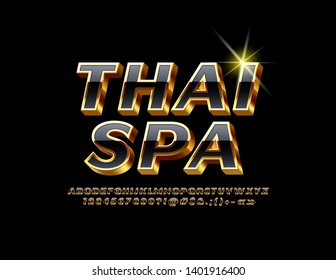 Vector chic  sign Thai Spa with 3D luxury Alphabet. Black and Golden Letters, Numbers and Symbols. Isometric elite Font