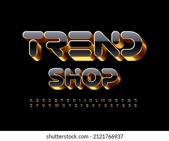 Vector chic sign Trend Shop. Black and Golden luxury Font. Artistic 3D Alphabet Letters and Numbers