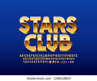 Vector chic sparkling Logo Stars Club. Golden Alphabet Letters, Numbers and Symbols. Stylish 3D Font.