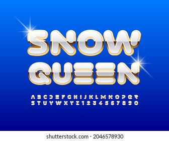 Plantilla vectorial elegante Reina de nieve. Fuente de lujo creativa. Letras y números de alfabeto blanco y dorado