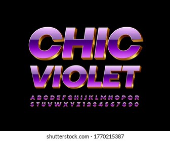 Vektor Chic Violet und Gold Alphabet Buchstaben und Zahlen. 3D-glänzende Schrift